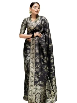 Generic Women's Silk Printed Saree With Unstitched Blouse 5.5Mtr (Black)