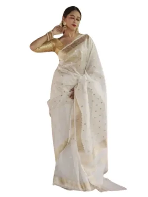 Generic Women's Cotton  Printed Saree With Unstitched Blouse 5.5Mtr (White)