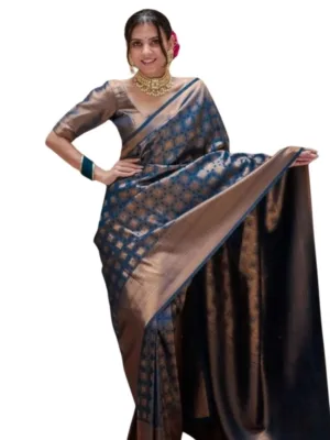 Generic Women's Silk Printed Saree With Unstitched Blouse 5.5Mtr (Blue)