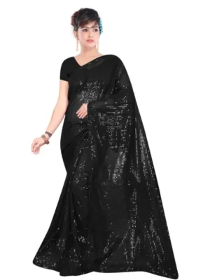 Generic Women's Georgette Embellished Sequnece Bollywood Saree With Unstitched Blouse 5.5Mtr (Black)