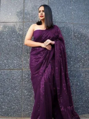 Generic Women's Georgette Embellished Sequnece Bollywood Saree With Unstitched Blouse 5.5Mtr (Purple)
