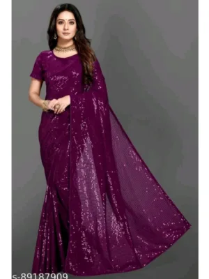 Generic Women's Georgette Embellished Sequnece Bollywood Saree With Unstitched Blouse 5.5Mtr (Purple)
