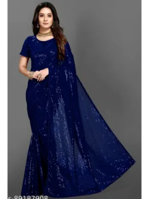Generic Women's Georgette Embellished Sequnece Bollywood Saree With Unstitched Blouse 5.5Mtr (Blue)