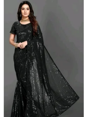 Generic Women's Georgette Embellished Sequnece Bollywood Saree With Unstitched Blouse 5.5Mtr (Black)