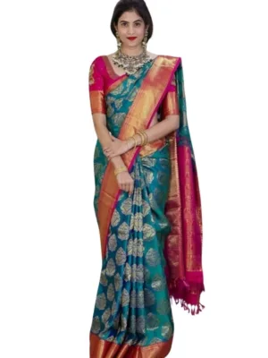 Generic Women's Silk Printed Saree With Unstitched Blouse 5.5Mtr (Teal Blue)
