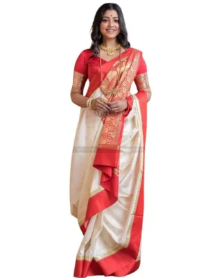 Generic Women's Silk Printed Saree With Unstitched Blouse 5.5Mtr (White-Red)