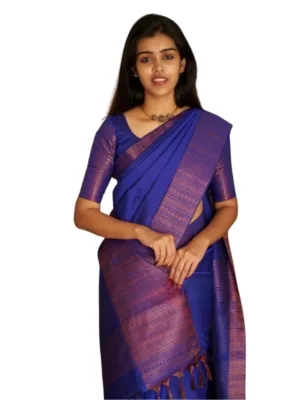 Generic Women's Silk Printed Saree With Unstitched Blouse 5.5Mtr (Blue)