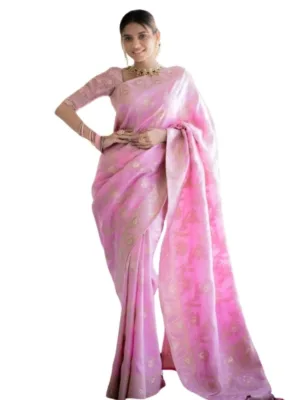 Generic Women's Silk Printed Saree With Unstitched Blouse 5.5Mtr (Pink)