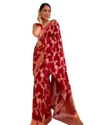 Generic Women's Silk Printed Saree With Unstitched Blouse 5.5Mtr (Red)