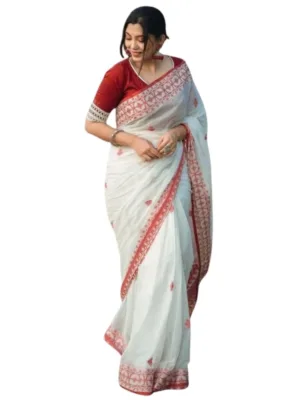 Generic Women's Cotton  Printed Saree With Unstitched Blouse 5.5Mtr (White-Red)
