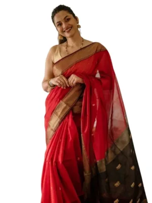 Generic Women's Cotton  Printed Saree With Unstitched Blouse 5.5Mtr (Red)