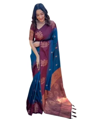 Generic Women's Silk Printed Saree With Unstitched Blouse 5.5Mtr (Blue)