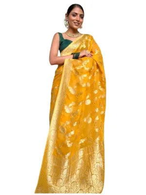 Generic Women's Silk Printed Saree With Unstitched Blouse 5.5Mtr (Gold Yellow)