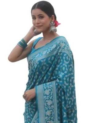 Generic Women's Silk Printed Saree With Unstitched Blouse 5.5Mtr (Sky Blue)