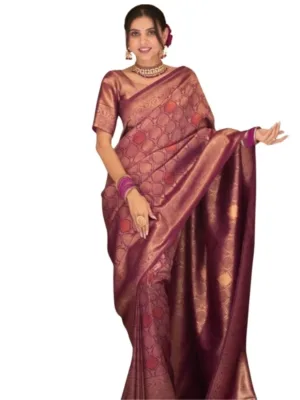 Generic Women's Silk Printed Saree With Unstitched Blouse 5.5Mtr (Wine)