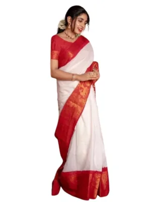 Generic Women's Silk Printed Saree With Unstitched Blouse 5.5Mtr (White)