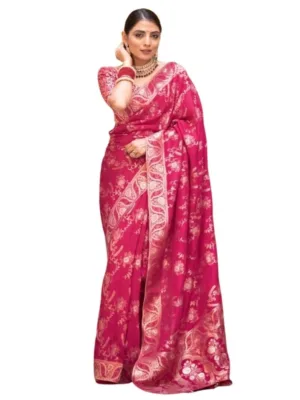Generic Women's Silk Printed Saree With Unstitched Blouse 5.5Mtr (Pink)