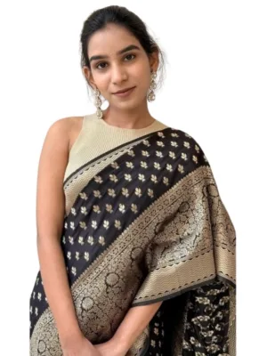 Generic Women's Silk Printed Saree With Unstitched Blouse 5.5Mtr (Black)