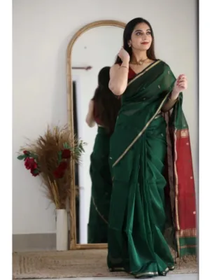 Generic Women's Cotton  Printed Saree With Unstitched Blouse 5.5Mtr (Dark Green)