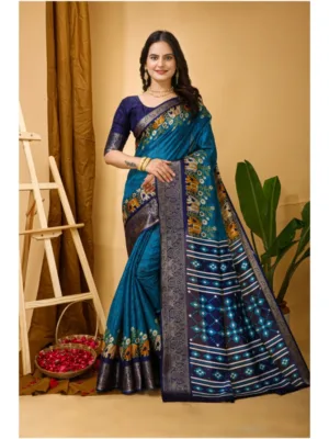 Generic Women's Soft Dola Cotton Kalamkari Printed Saree With Unstitched Blouse 5.5Mtr (Blue)