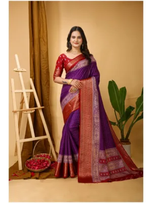 Generic Women's Soft Dola Cotton Kalamkari Printed Saree With Unstitched Blouse 5.5Mtr (Purple)