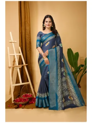 Generic Women's Soft Blooming Marshmallow Fabric Kalamkari Printed Saree With Unstitched Blouse 5.5Mtr (Grey)