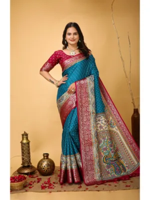 Generic Women's Soft Dola Cotton Kalamkari Printed Saree With Unstitched Blouse 5.5Mtr (Sky Blue)