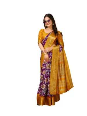 Generic Women's Soft Dola Cotton Kalamkari Printed Saree With Unstitched Blouse 5.5Mtr (Purple)
