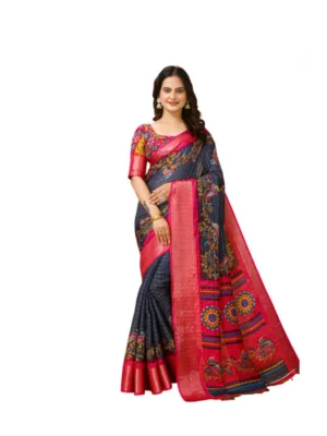 Generic Women's Soft Dola Cotton Kalamkari Printed Saree With Unstitched Blouse 5.5Mtr (Grey)