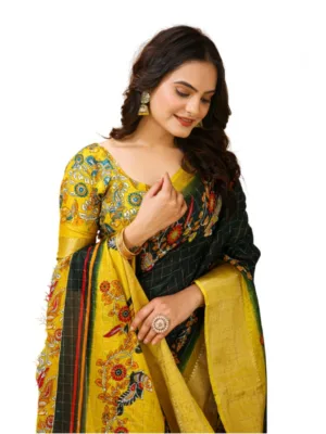 Generic Women's Soft Dola Cotton Kalamkari Printed Saree With Unstitched Blouse 5.5Mtr (Green)