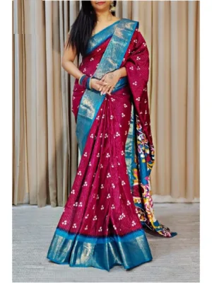 Generic Women's Soft Dola Cotton Kalamkari Printed Saree With Unstitched Blouse 5.5Mtr (Wine)