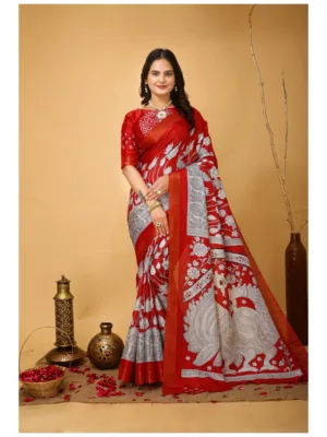 Generic Women's Soft Handloom Cotton Kalamkari Printed Saree With Unstitched Blouse 5.5Mtr (Red)