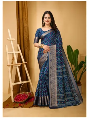 Generic Women's Soft Dola Cotton Kalamkari Printed Saree With Unstitched Blouse 5.5Mtr (Blue)