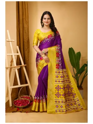 Generic Women's Soft Dola Cotton Kalamkari Printed Saree With Unstitched Blouse 5.5Mtr (Purple)