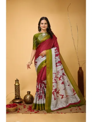 Generic Women's Soft Handloom Cotton Kalamkari Printed Saree With Unstitched Blouse 5.5Mtr (Maroon)