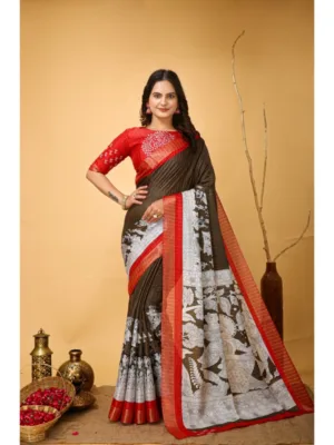 Generic Women's Soft Handloom Cotton Kalamkari Printed Saree With Unstitched Blouse 5.5Mtr (Brown)