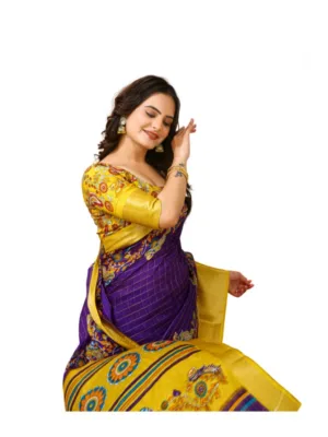 Generic Women's Soft Dola Cotton Kalamkari Printed Saree With Unstitched Blouse 5.5Mtr (Purple)