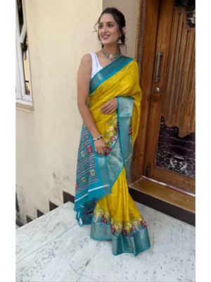 Generic Women's Soft Dola Cotton Kalamkari Printed Saree With Unstitched Blouse 5.5Mtr (Mustard)