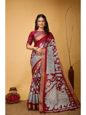 Generic Women's Soft Handloom Cotton Kalamkari Printed Saree With Unstitched Blouse 5.5Mtr (Maroon)