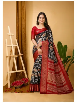 Generic Women's Soft Dola Cotton Kalamkari Printed Saree With Unstitched Blouse 5.5Mtr (Black)