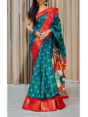 Generic Women's Soft Dola Cotton Kalamkari Printed Saree With Unstitched Blouse 5.5Mtr (Blue)