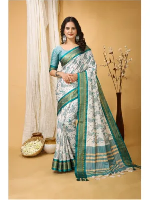 Generic Women's Soft Cotton Silk Printed Saree With Unstitched Blouse 5.5Mtr (Turquoise)