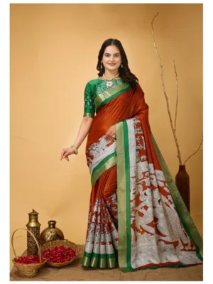 Generic Women's Soft Handloom Cotton Kalamkari Printed Saree With Unstitched Blouse 5.5Mtr (Orange)