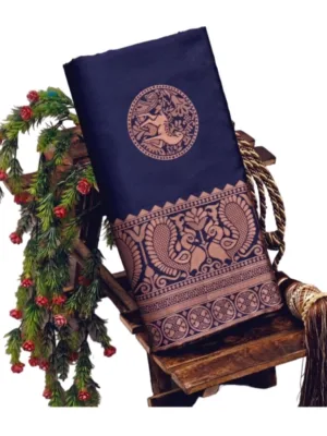 Generic Women's Soft Lichi Silk Printed Saree With Unstitched Blouse 5.5Mtr (Navy Blue)