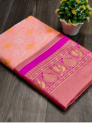 Generic Women's Soft Lichi Silk Printed Saree With Unstitched Blouse 5.5Mtr (Pink)