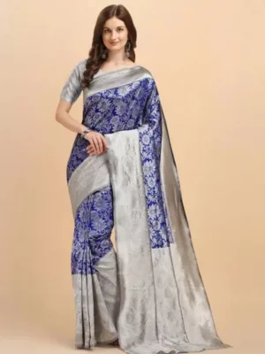 Generic Women's Soft Lichi Silk Printed Saree With Unstitched Blouse 5.5Mtr (Blue)