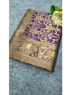Generic Women's Soft Lichi Silk Printed Saree With Unstitched Blouse 5.5Mtr (Purple)