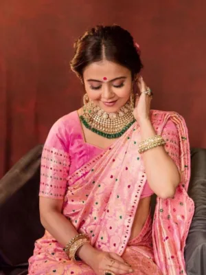 Generic Women's Soft Lichi Silk Printed Saree With Unstitched Blouse 5.5Mtr (Pink)