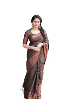 Generic Women's Soft Lichi Silk Printed Saree With Unstitched Blouse 5.5Mtr (Brown)