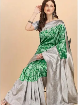 Generic Women's Soft Lichi Silk Printed Saree With Unstitched Blouse 5.5Mtr (Green)